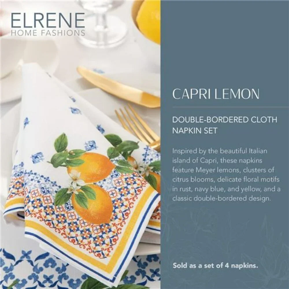 Elrene Lemon Cloth Napkins Set of 4 Mediterranean Floral Table Decor 17x17